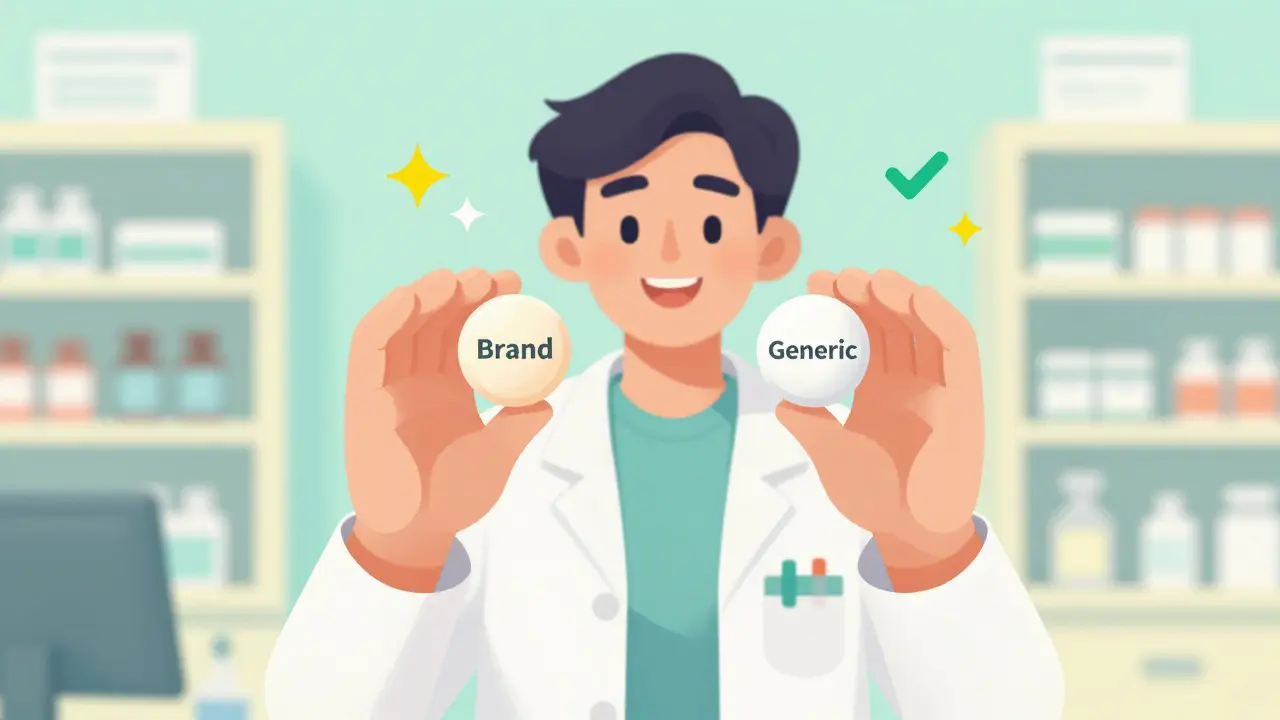 Pharmacist showing identical brand and generic pills to demonstrate equal efficacy