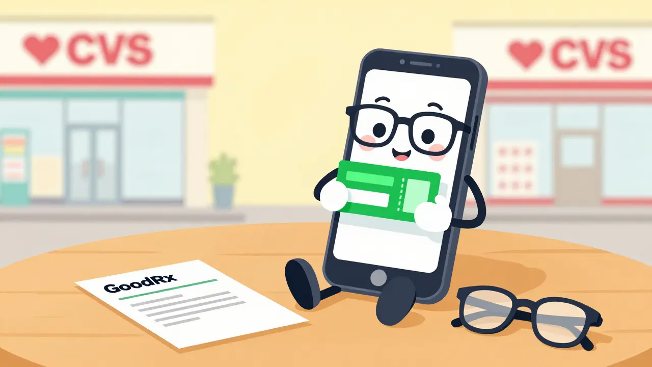 Smartphone showing discount coupon next to prescription paper