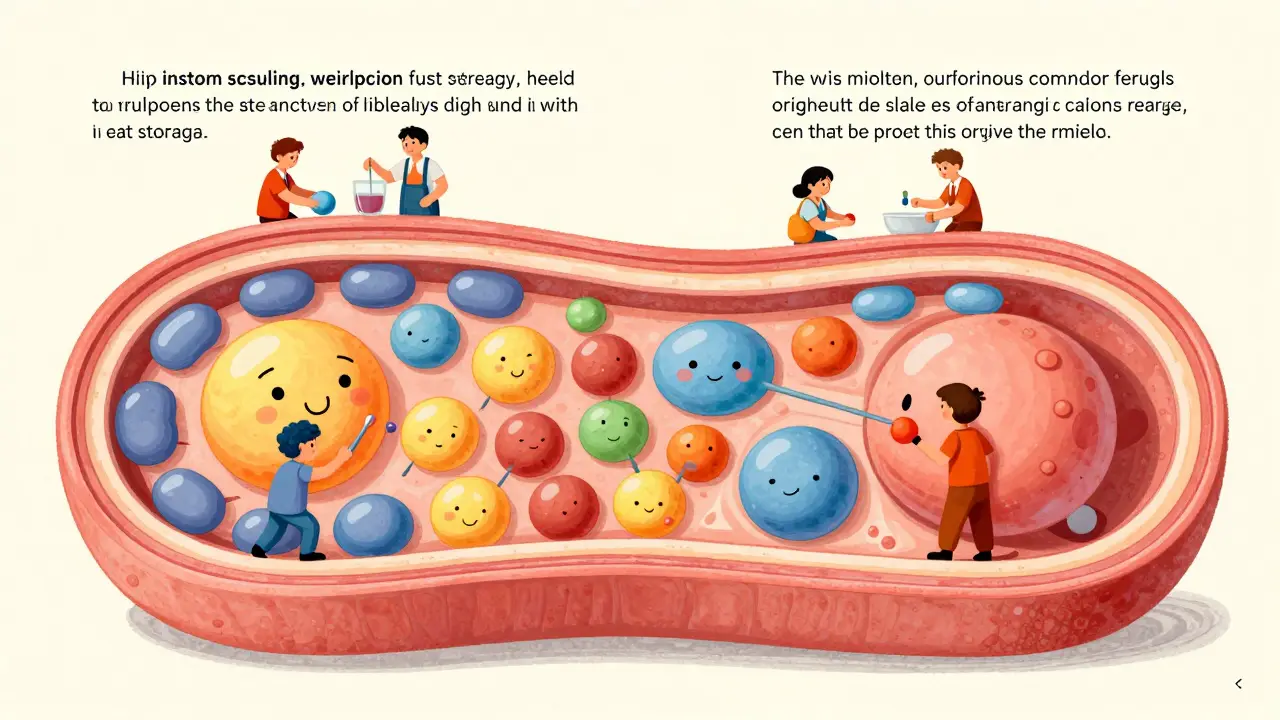 Whimsical drawing showing how insulin stores fat in the body.