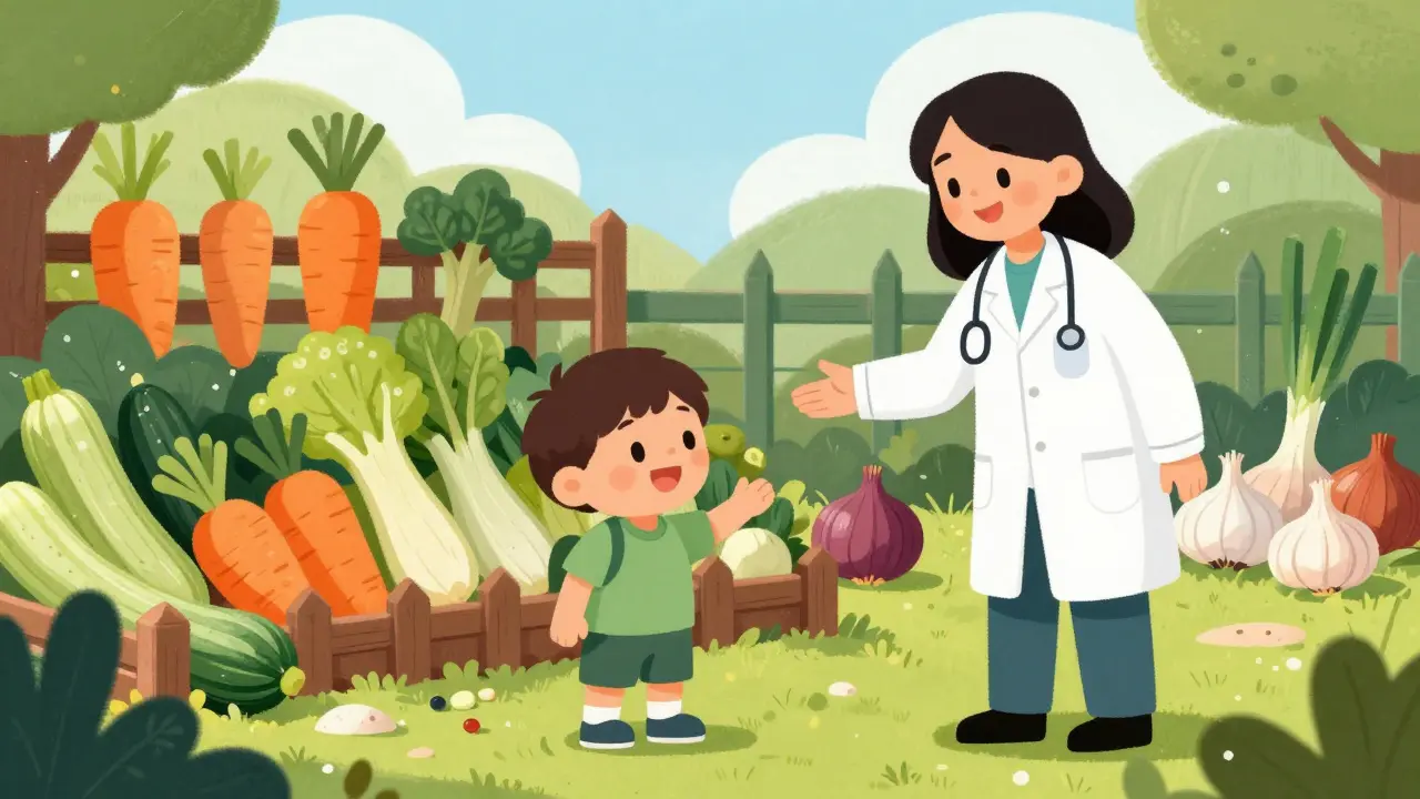 Whimsical scene of healthy low-FODMAP foods in a garden setting