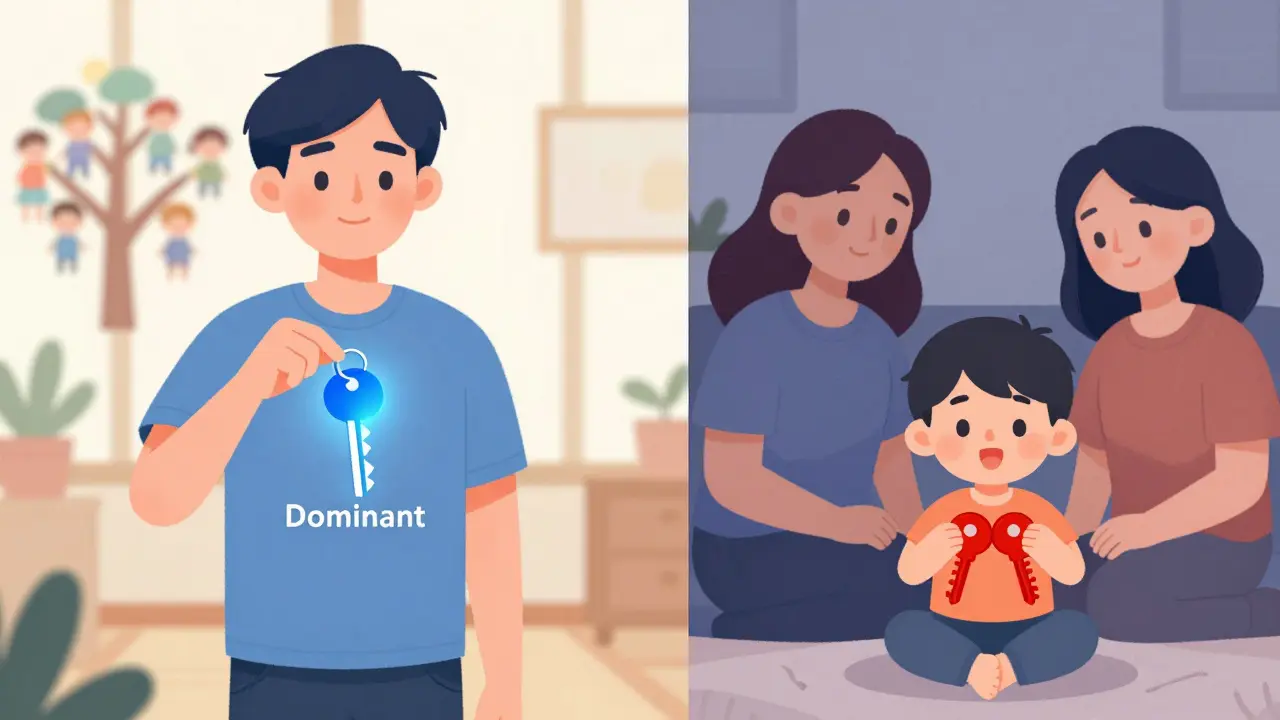 Cartoon comparing adult and childhood forms of PKD genetics