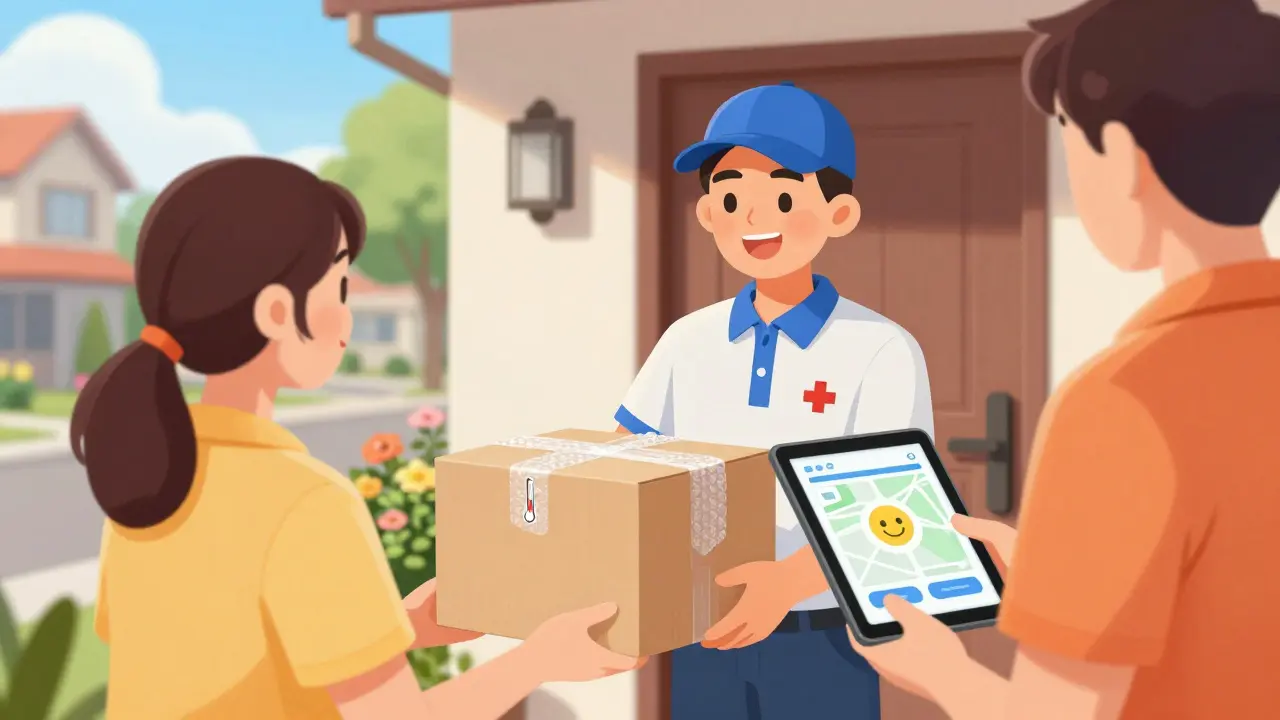 Courier delivering secure medication package to happy customer at doorstep
