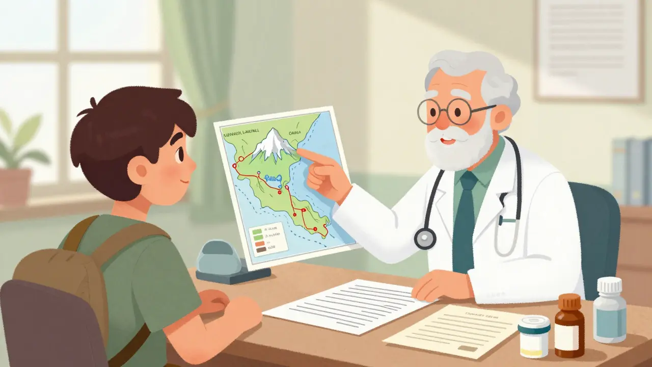 Doctor consulting with a traveler about high-altitude health risks