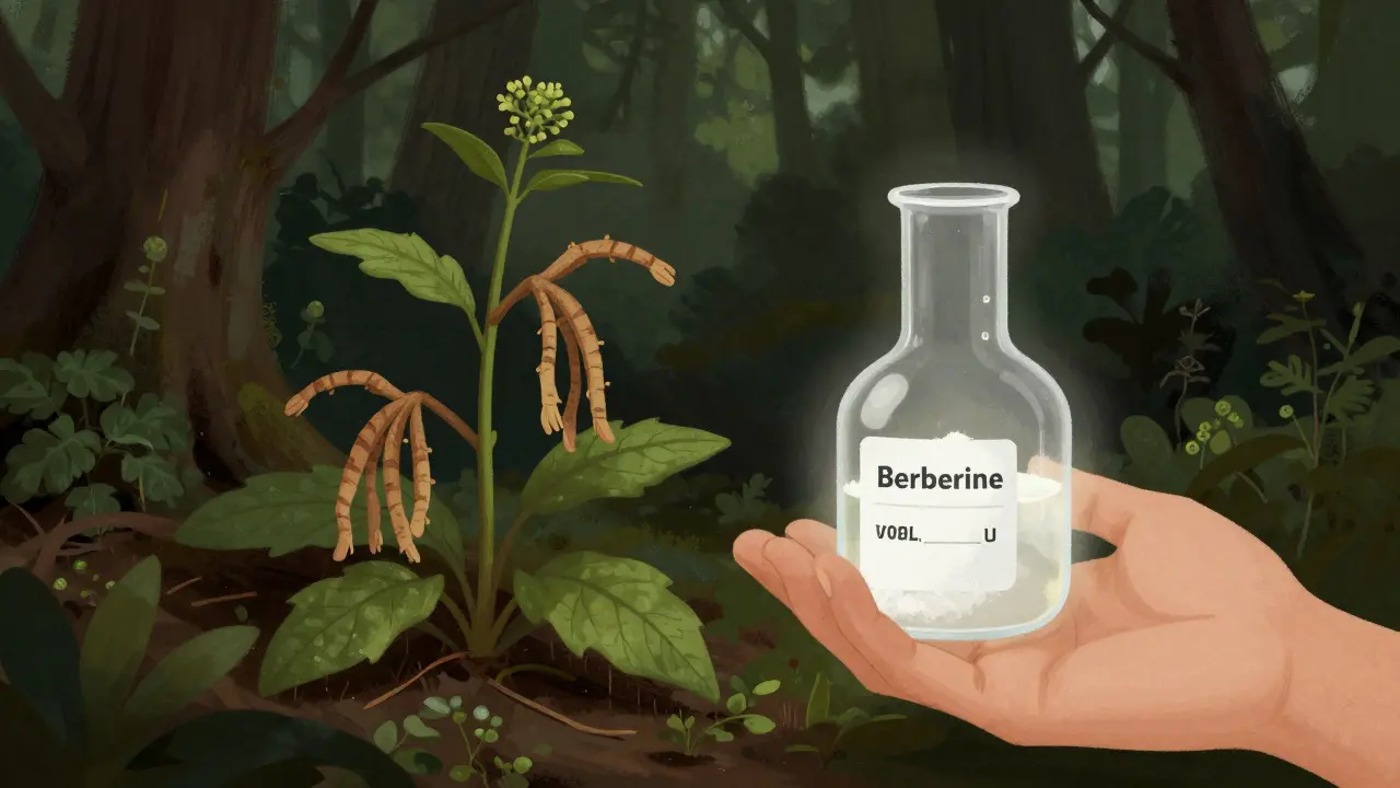 Endangered goldenseal plant next to lab supplement