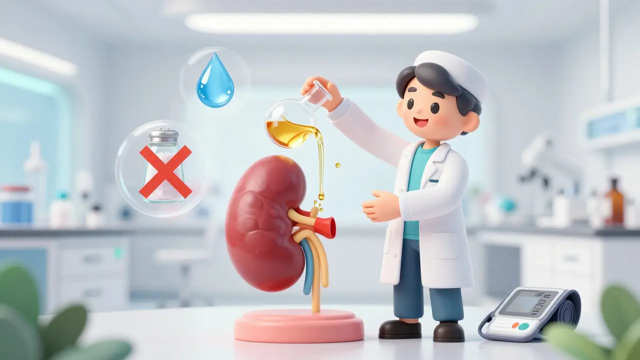 Illustration of scientist treating kidney with lifestyle aids