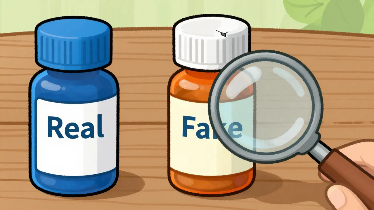 Magnifying glass reveals fake medicine with chalk inside