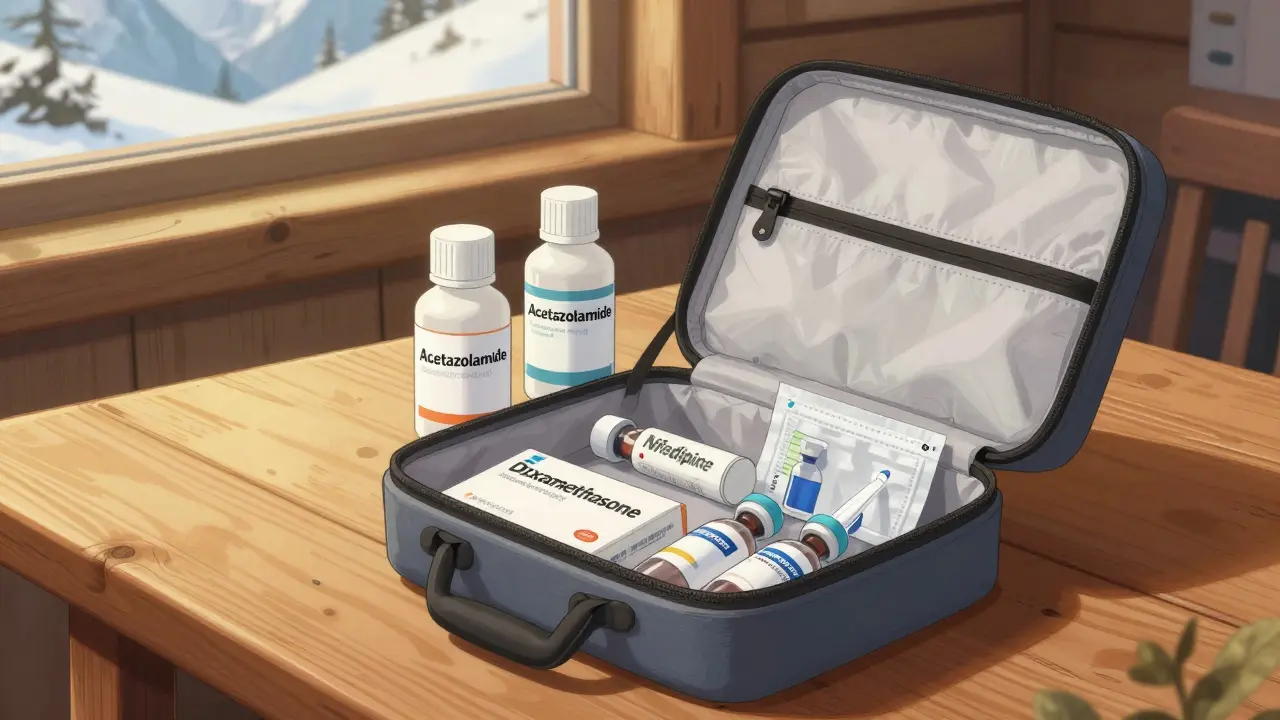 Open medical kit with altitude medications and supplies on a table