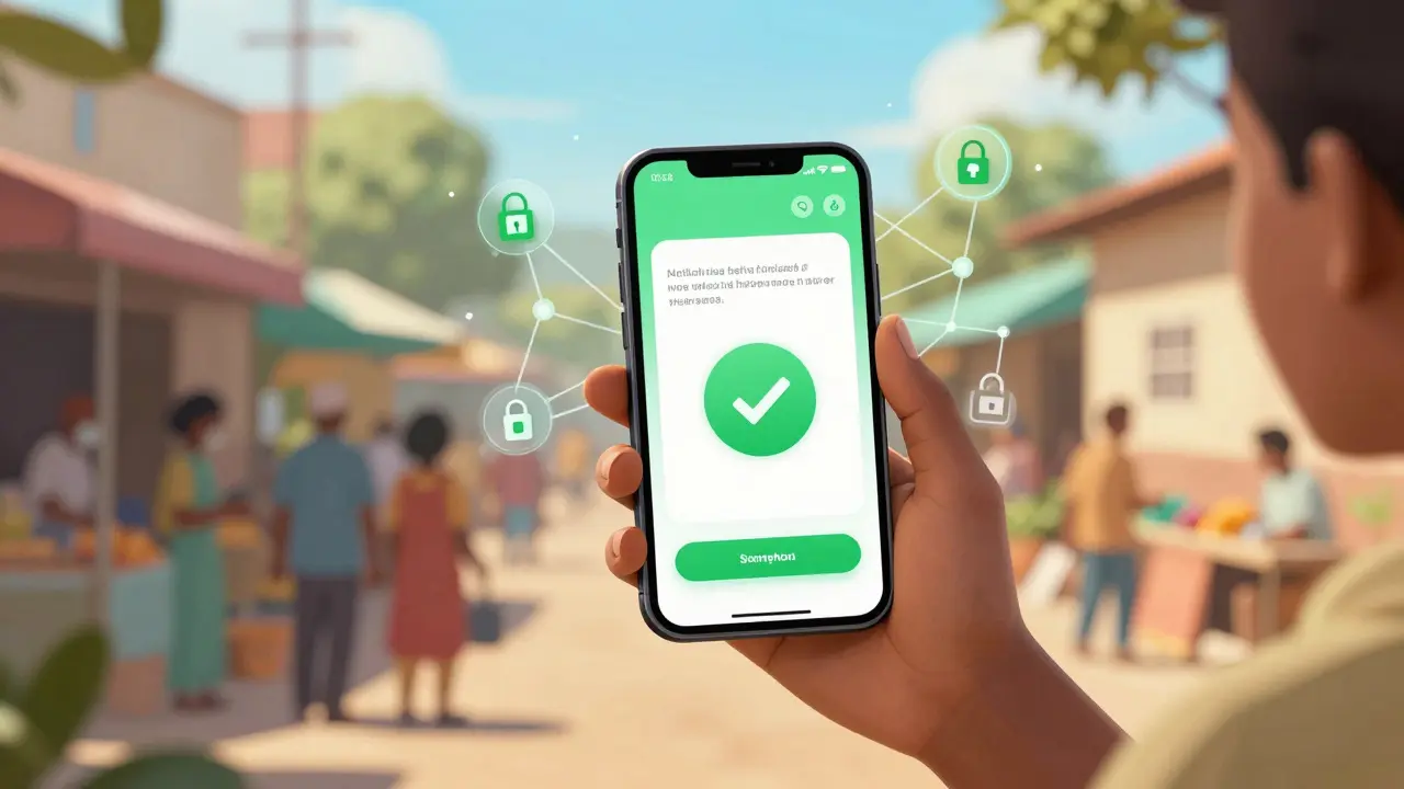Person verifying medicine authenticity via smartphone app