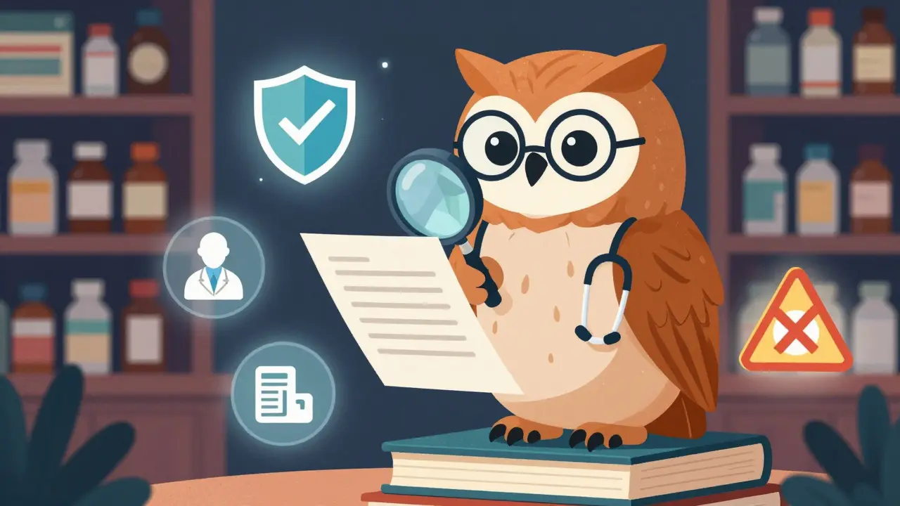 Wise pharmacist checking prescription safety