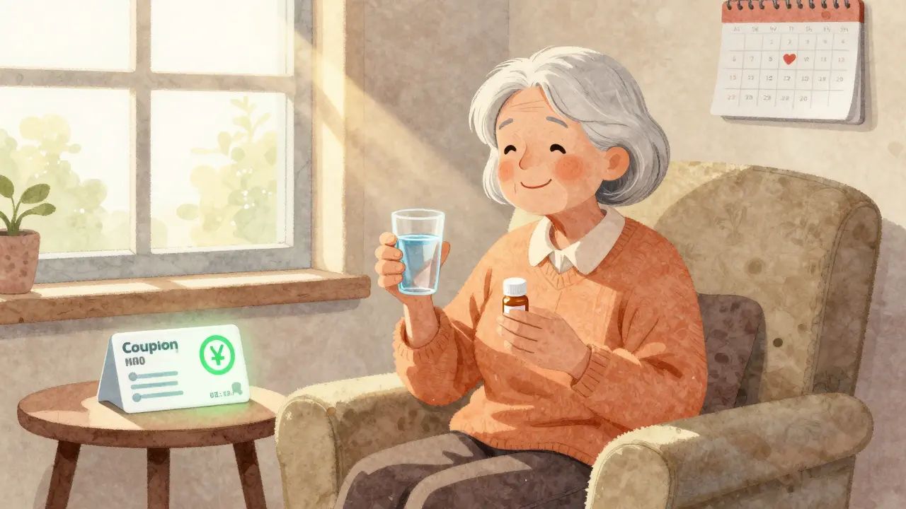 Woman taking morning medication with discount coupon nearby