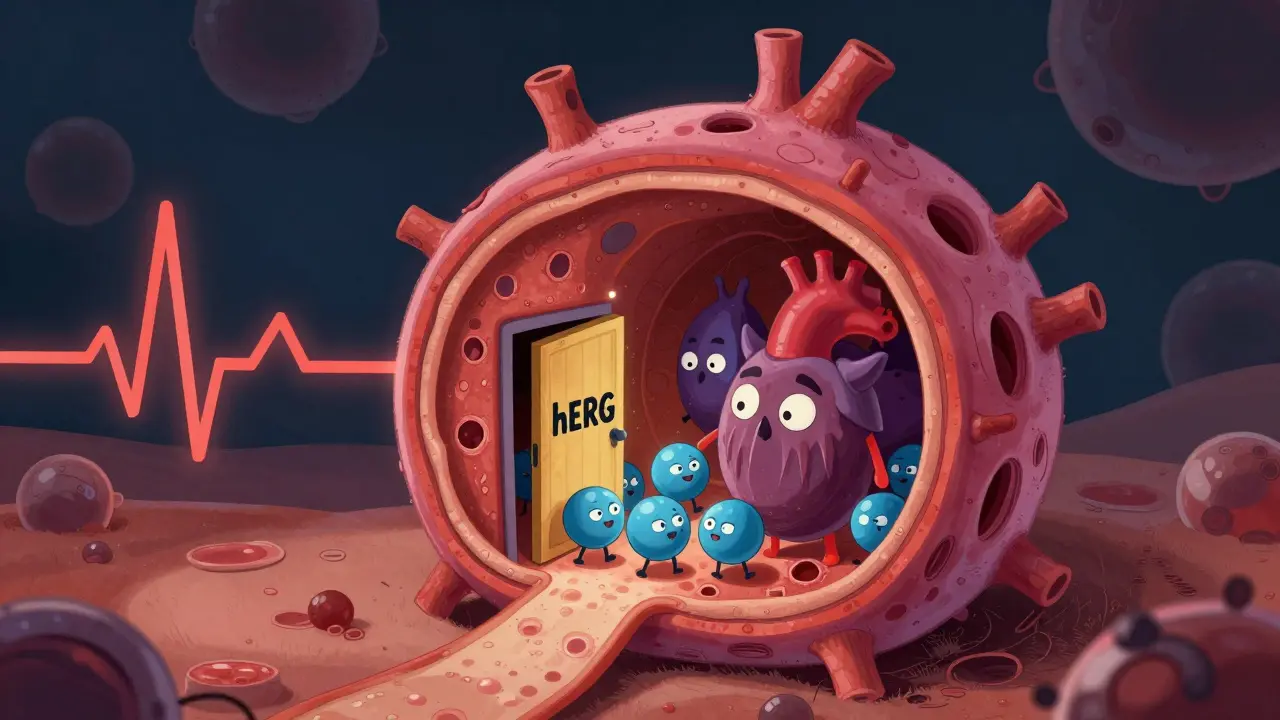 Cartoon heart cells blocked by macrolide molecules causing QT delay
