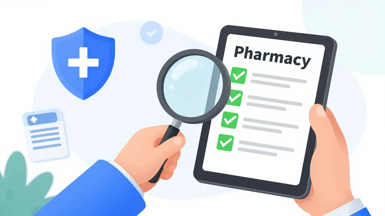 Character using magnifying glass to verify safe online pharmacy credentials