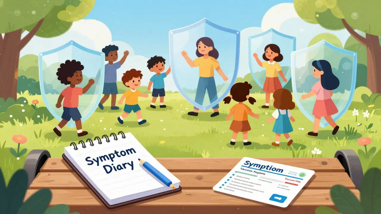Children playing safely outdoors with symptom diary and vaccine records nearby