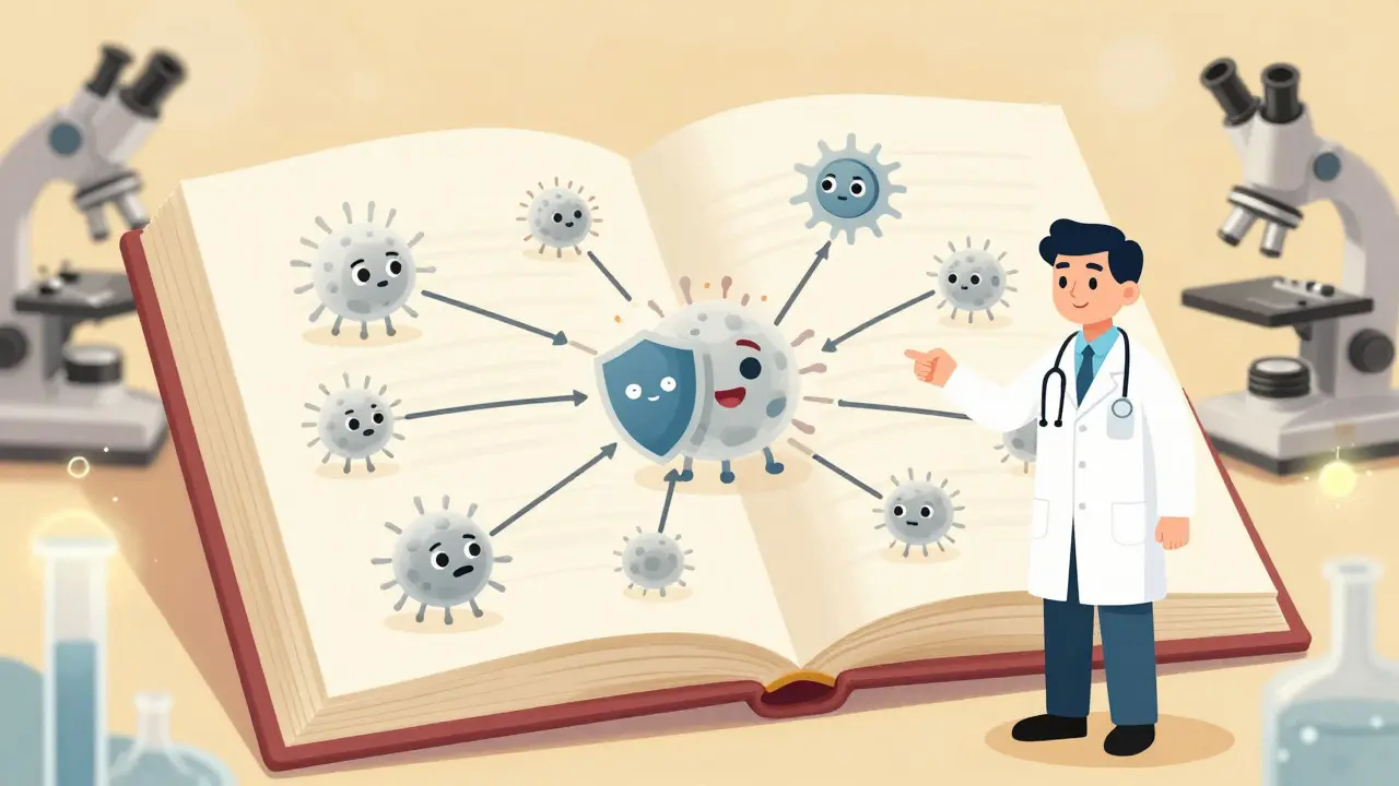 Doctor explaining immune cell function with stylized blood cell characters