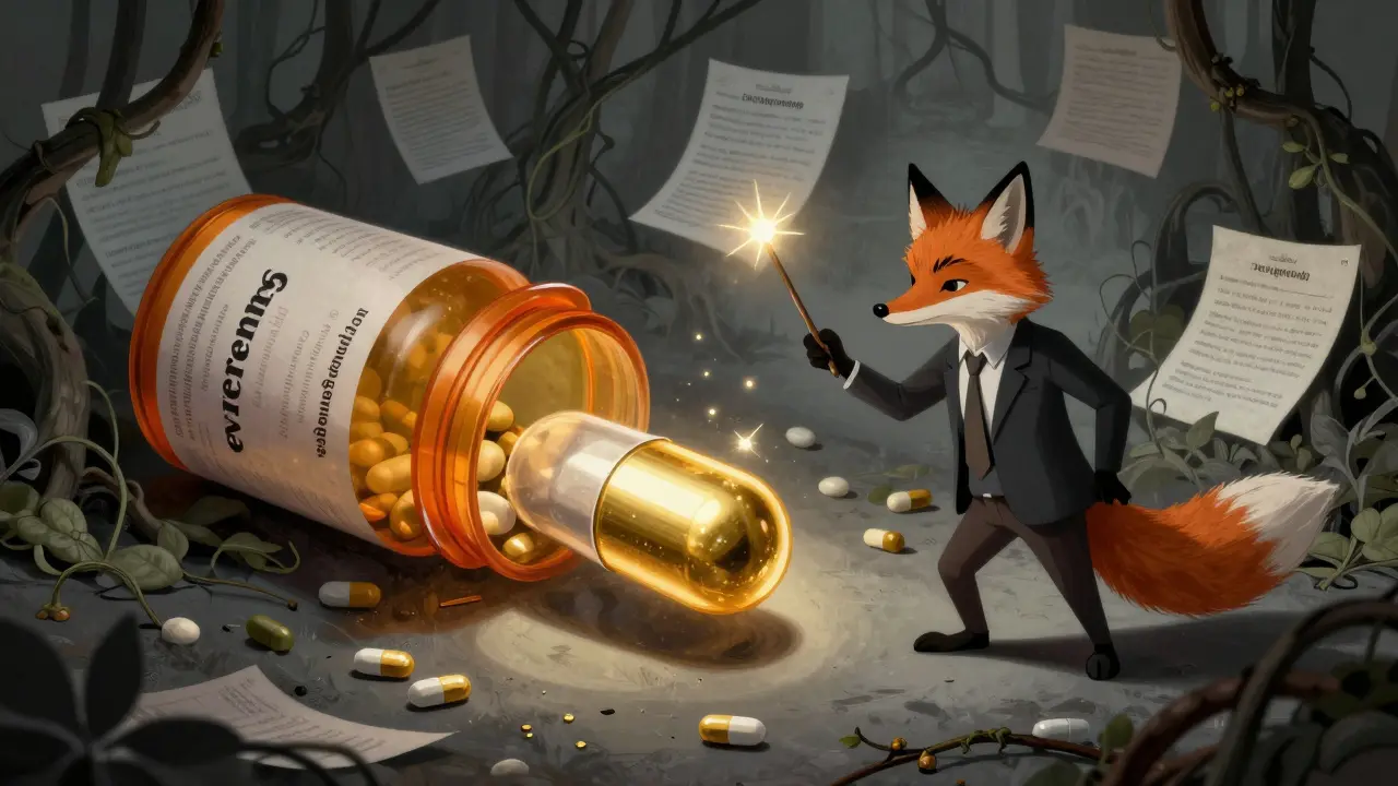 Fox character transforming an old pill into a new capsule amidst a thicket of patent vines.
