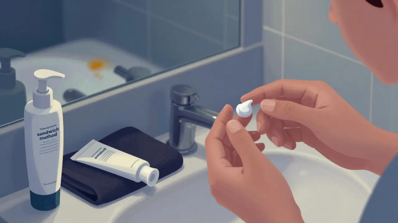 Hand applying acne cream next to a bleached towel