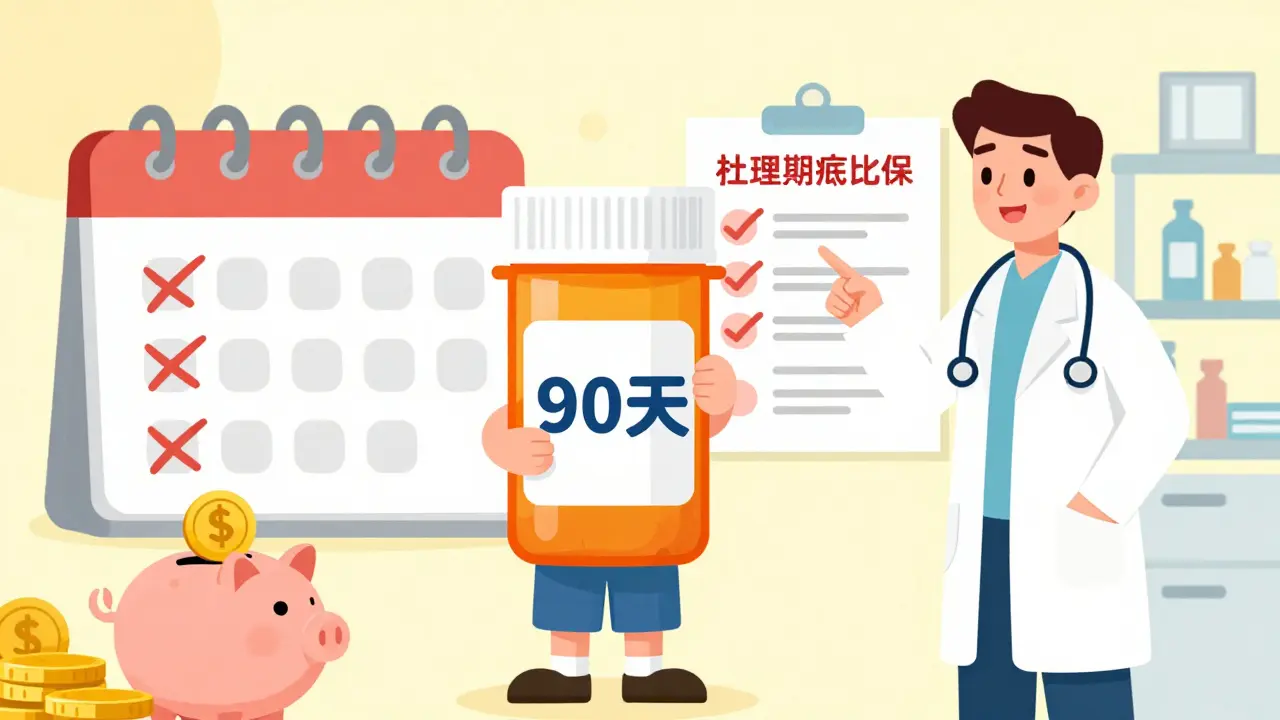 Happy patient holding 90-day medication supply and savings chart, showing long-term cost benefits.