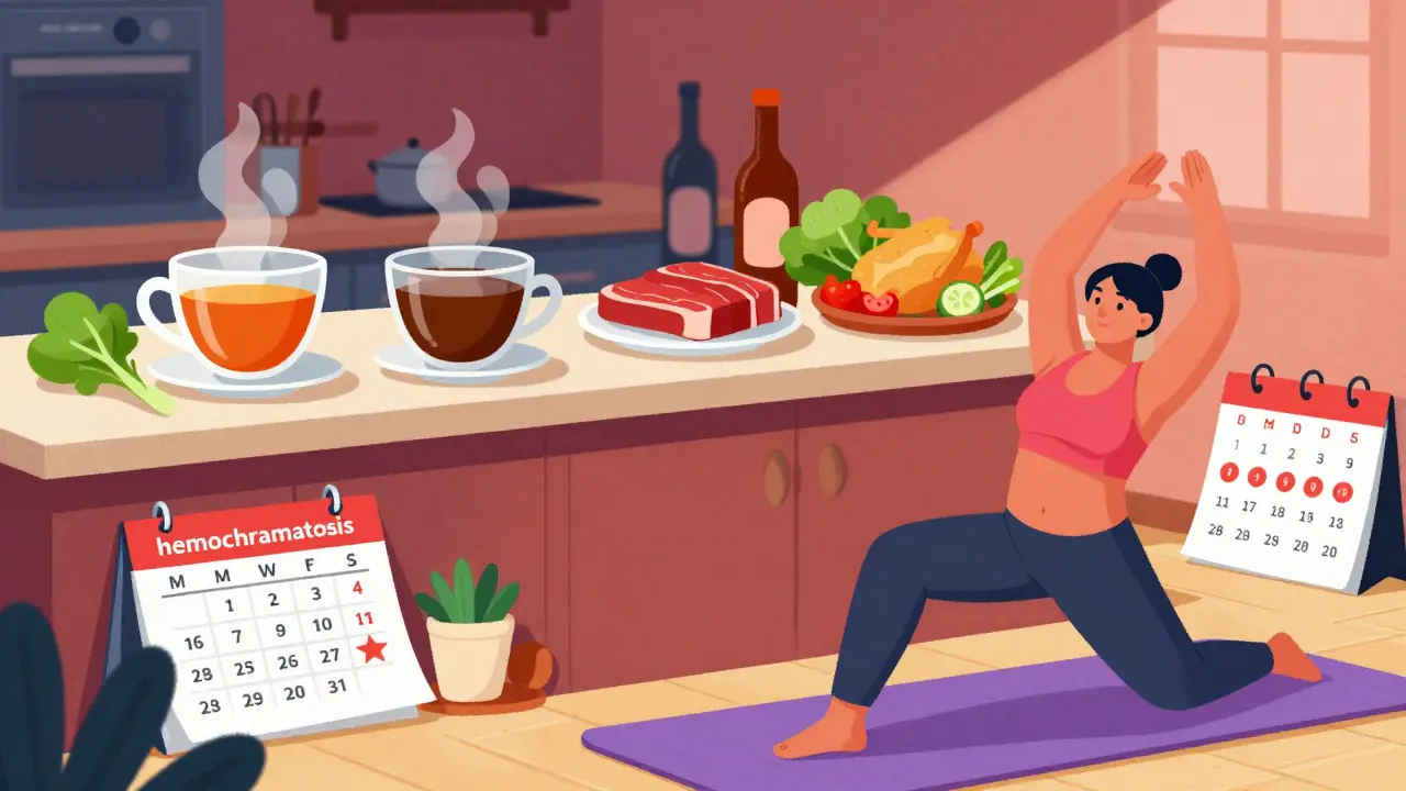 Healthy foods, tea, and exercise depicted in a vibrant lifestyle scene