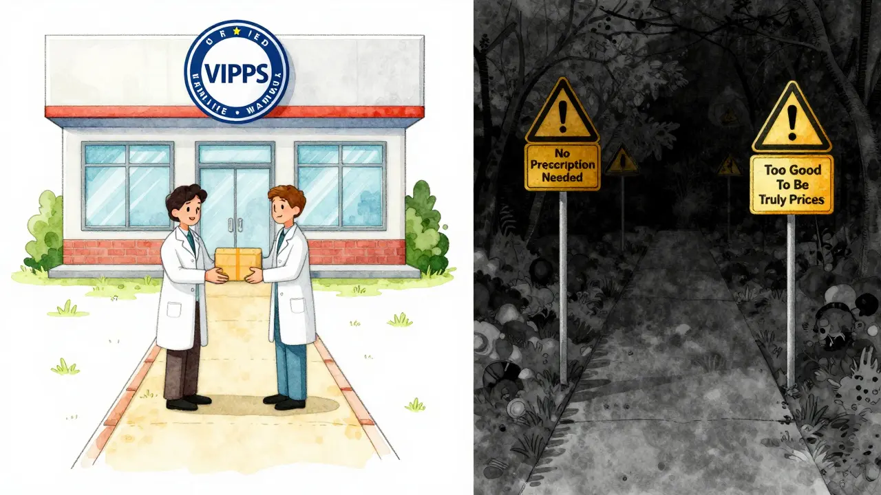 Illustration comparing safe verified online pharmacies with dangerous scam sites, highlighting safety checks.