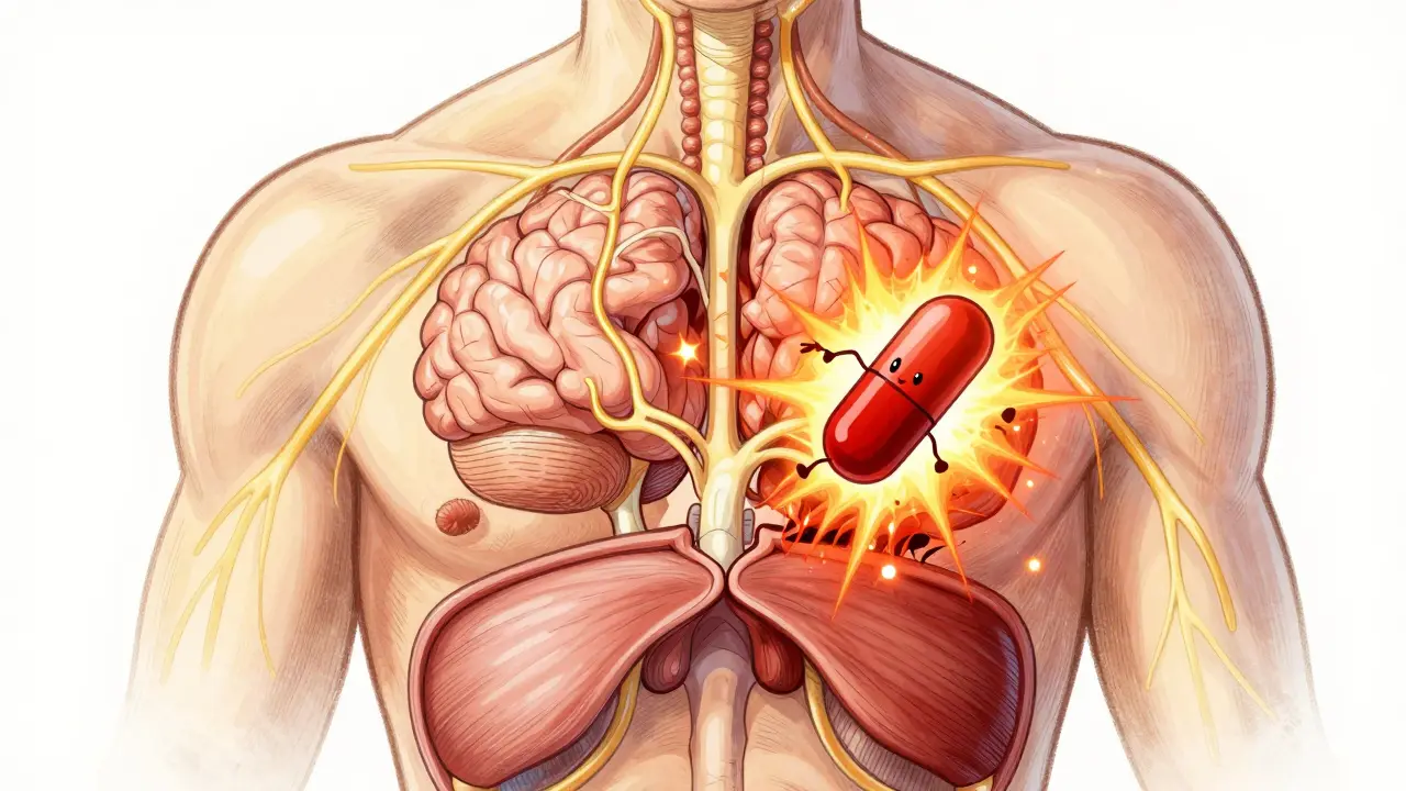 Illustration of neural pathways disrupted by a red pill causing spasms