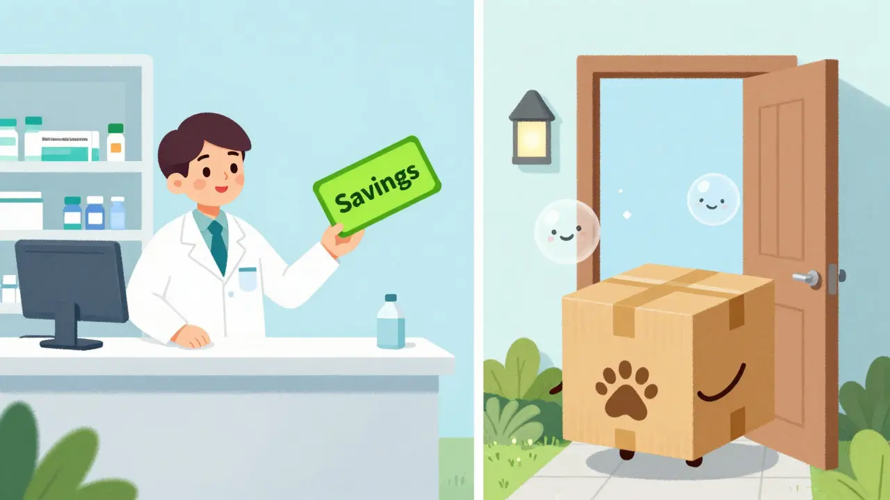 Illustration of pharmacy savings and pet med delivery