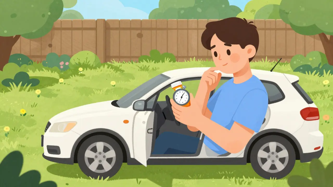 Person testing medication effects in a parked car