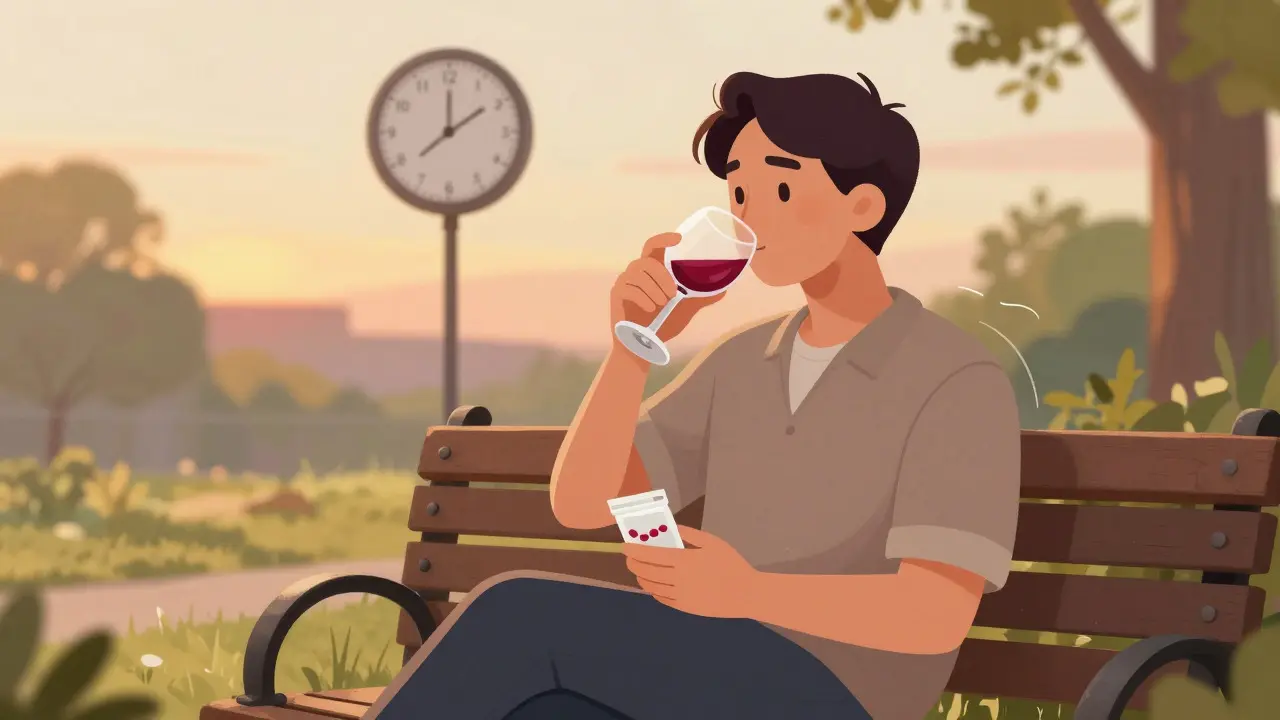 Relaxed person drinking wine while taking medication safely