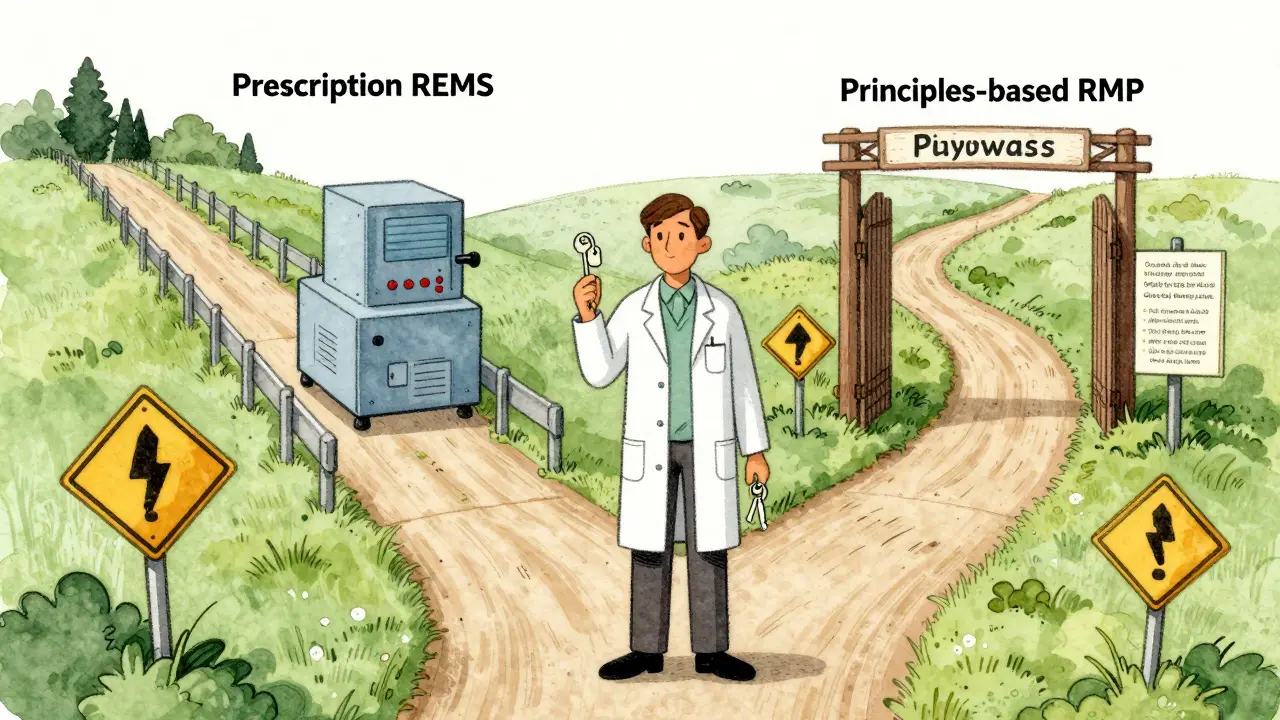 Scientist choosing between rigid REMS and flexible RMP pathways