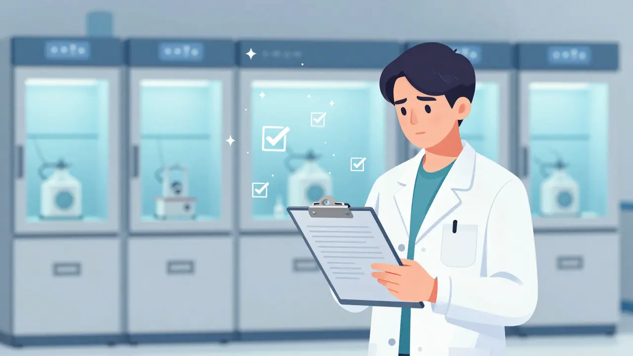 Scientist with checklist near glowing stability chambers and data sparks.