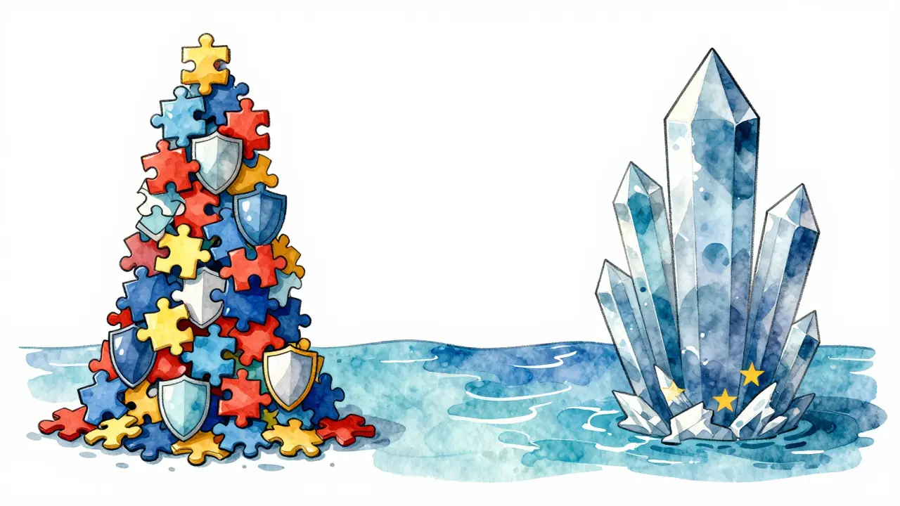 Split illustration comparing US stacked patent shields with EU single crystal protection structures.
