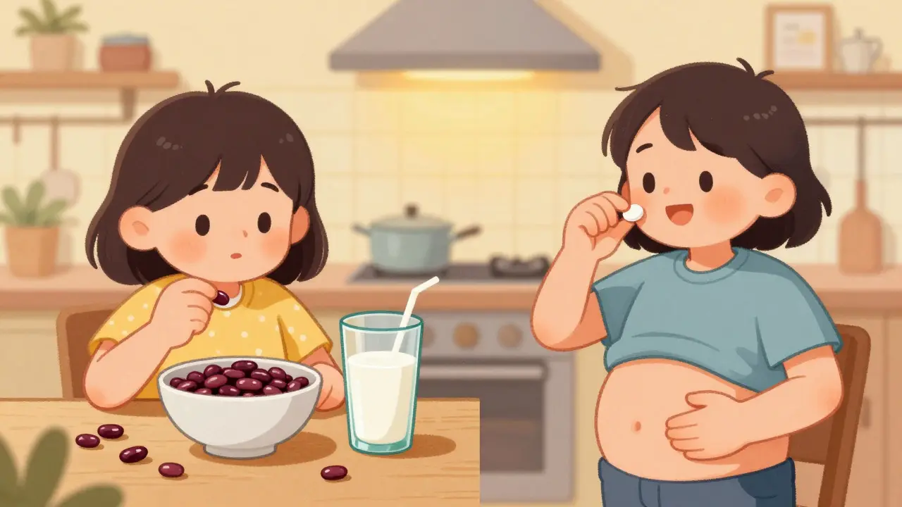 Cartoon characters demonstrating when to take enzyme pills versus gas tablets