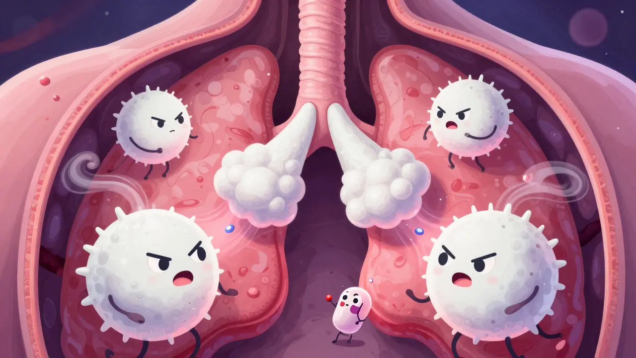 Cartoon eosinophils causing nasal polyps in airways