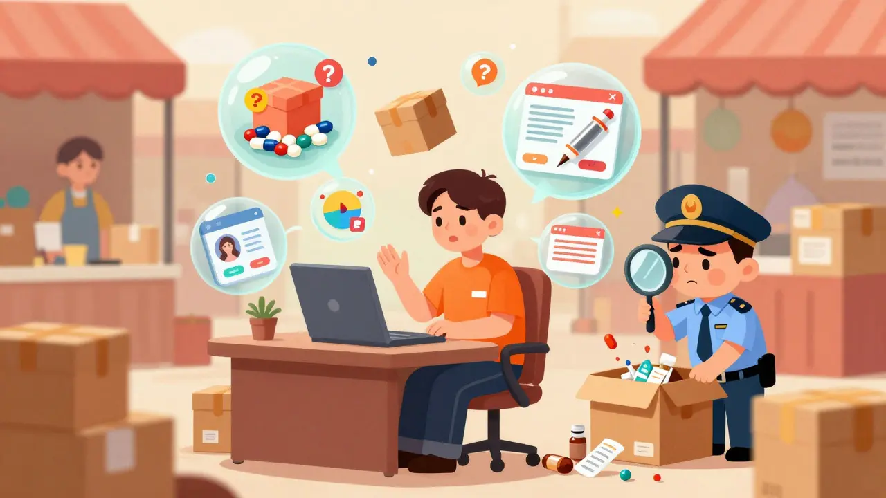 Cartoon scene of online drug shopping risks with loose parts and digital ads