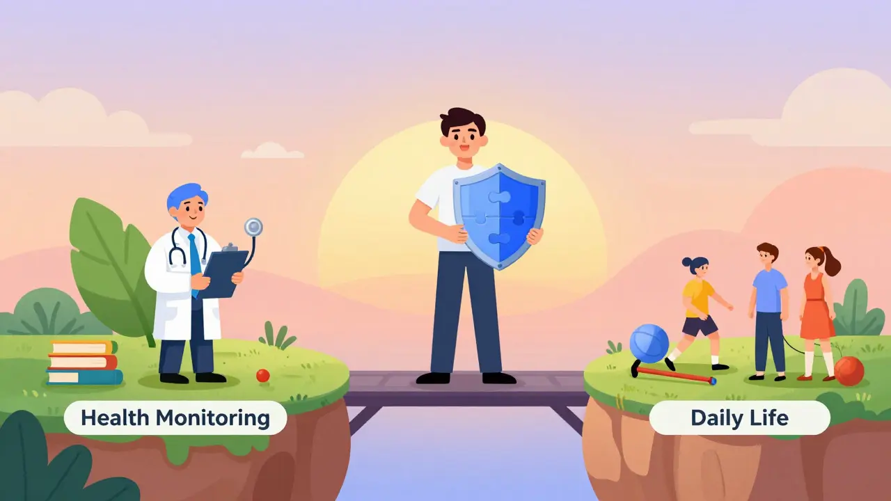 Character balancing health monitoring and daily life on a bridge