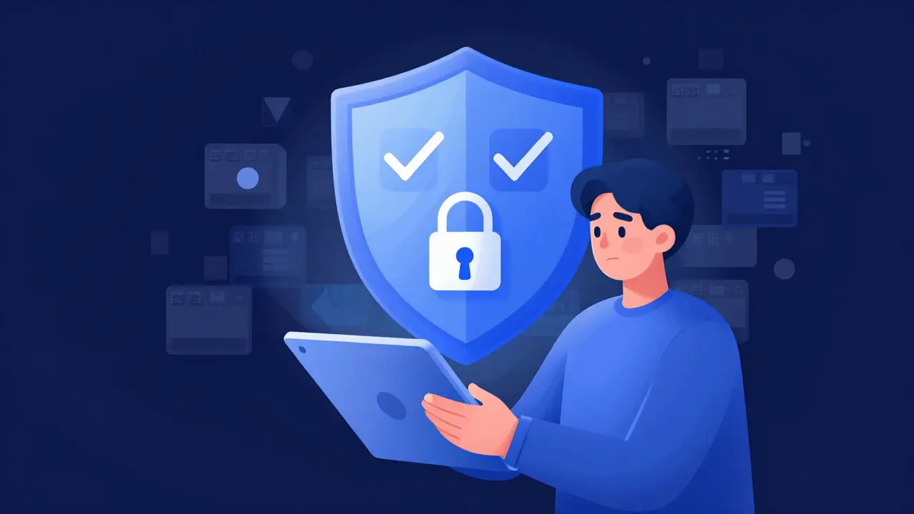Character holding a secure tablet with a protective shield icon