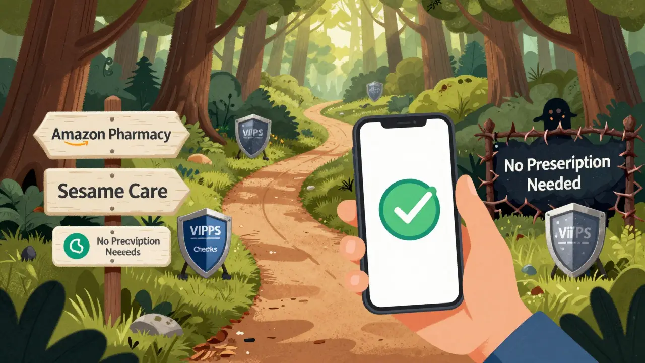 Character navigating safe online pharmacy options with verification shields and trust signs.