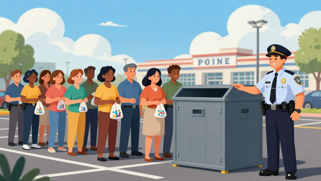 Community members lining up at a police station for drug take-back day