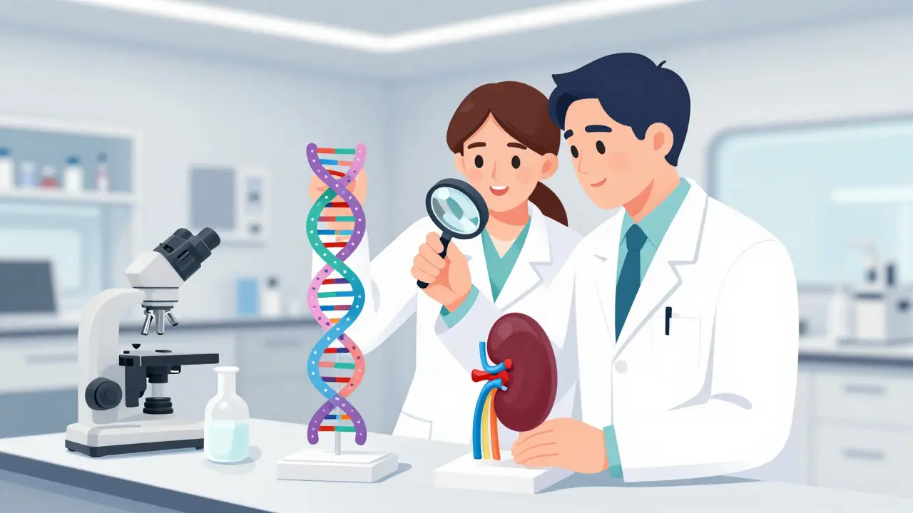 Doctor and scientist examining a DNA helix next to a kidney model in a lab