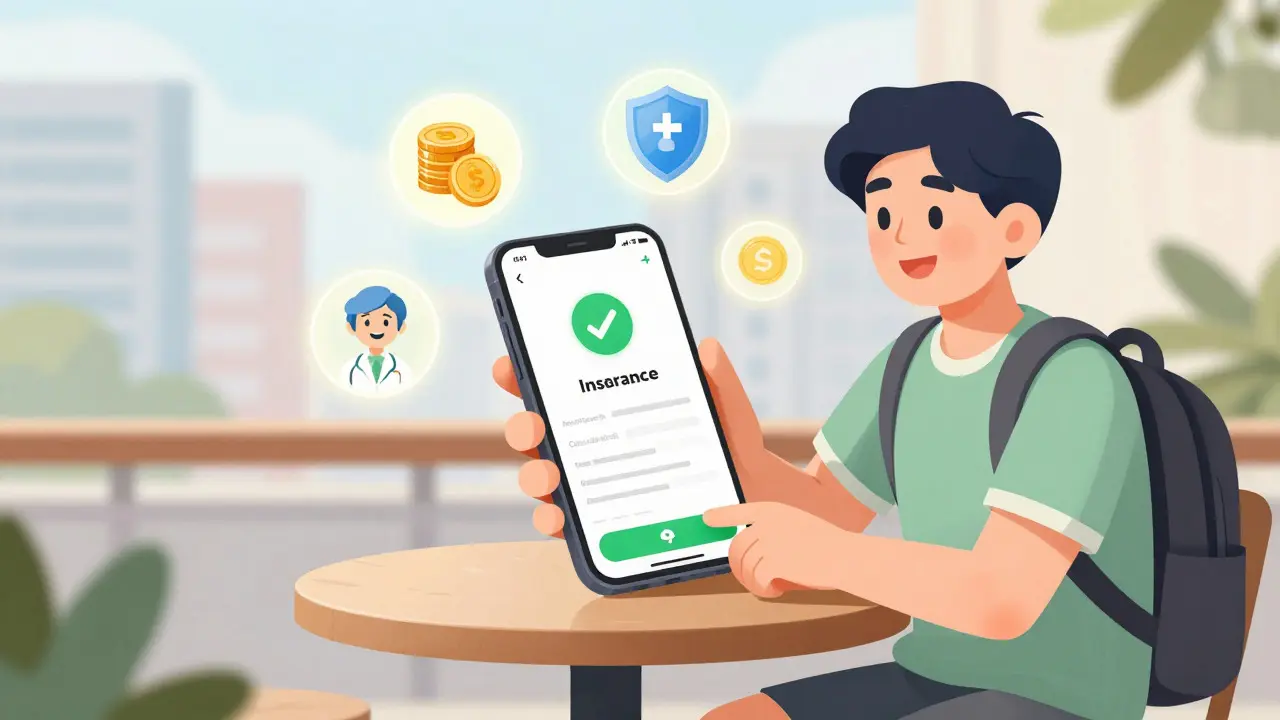 Happy traveler submitting insurance claim on phone