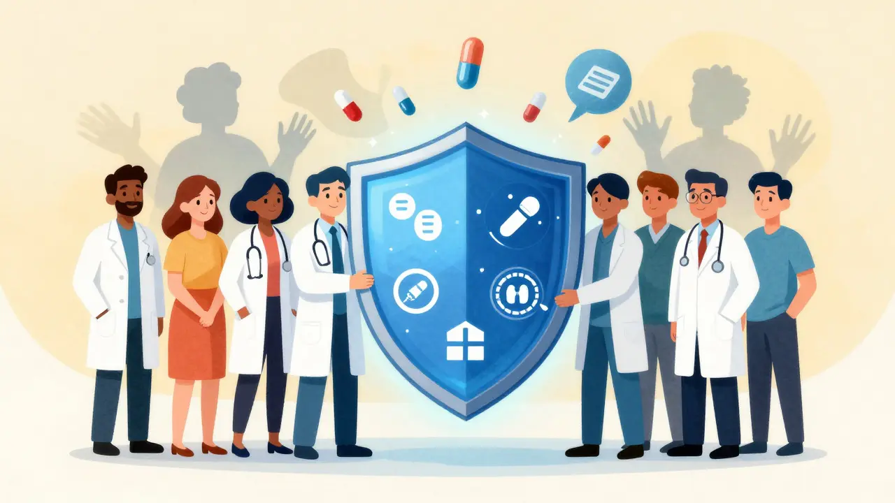 Healthcare workers holding a protective shield against shadowy counterfeit threats