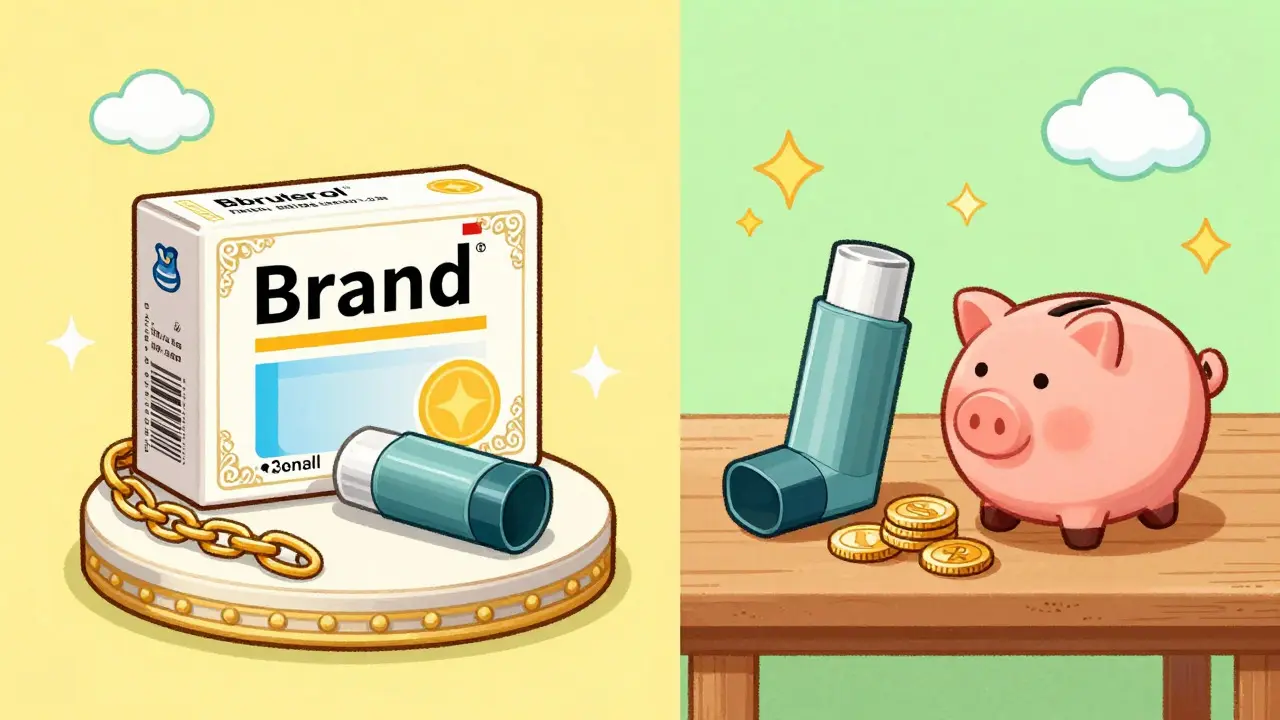 Illustration comparing expensive brand inhaler with cheap generic alternative and savings.