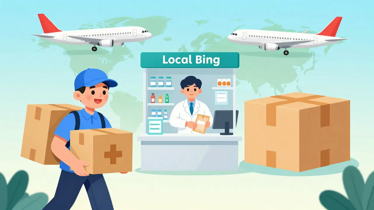 Illustration comparing local pickup, domestic, and international drug delivery