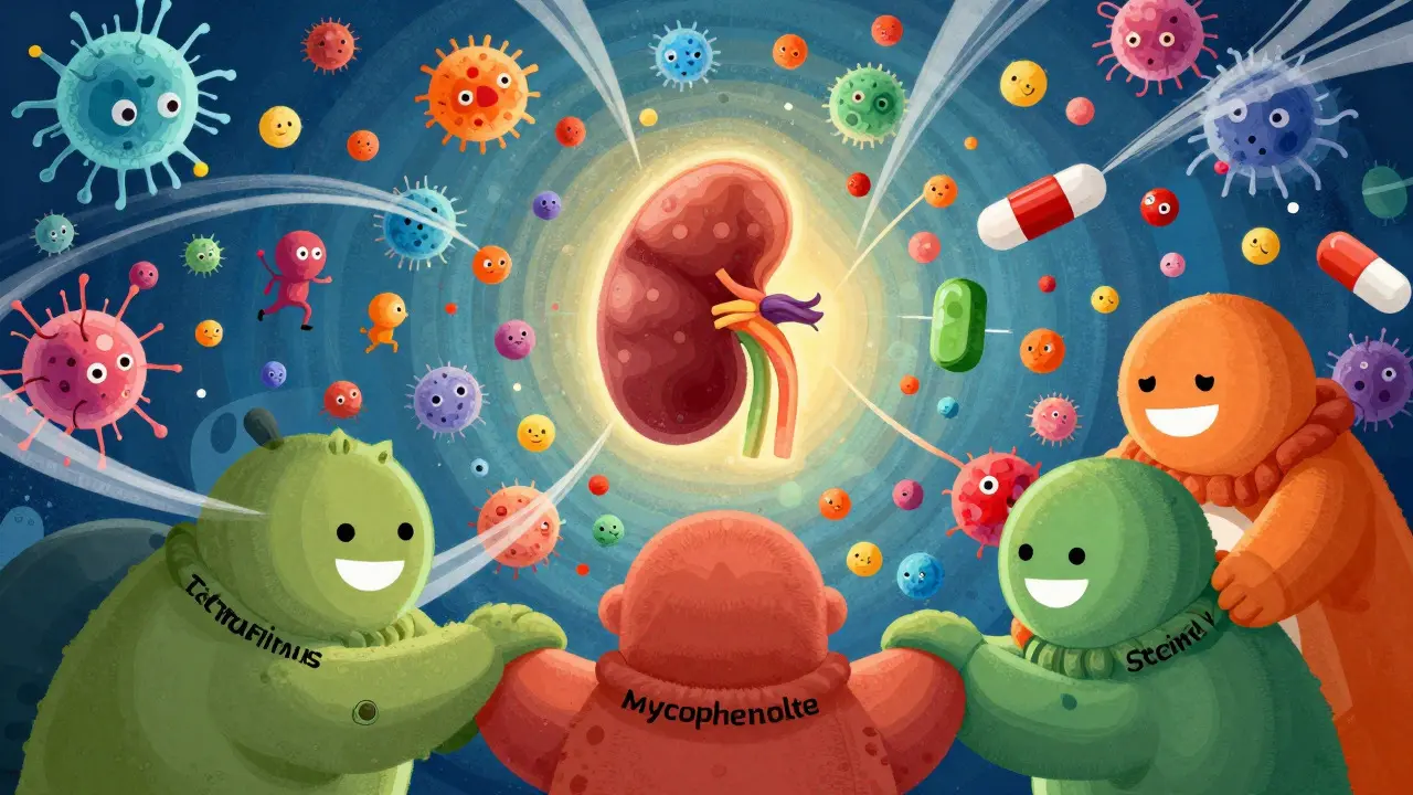 Illustration of three drug guardians protecting a kidney from immune cell characters