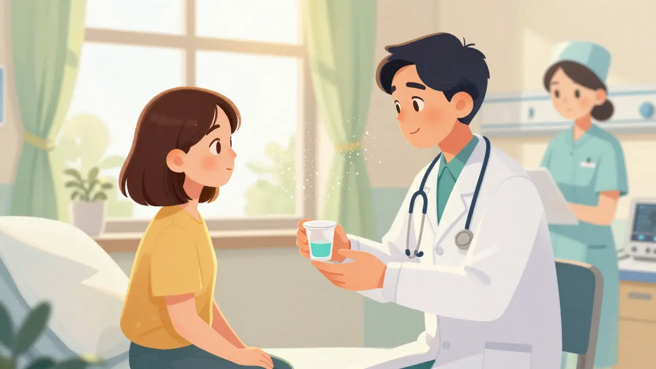Patient undergoing aspirin desensitization with doctor