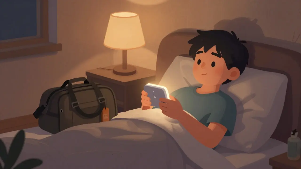Person relaxing on a sofa with a glowing timer cap device