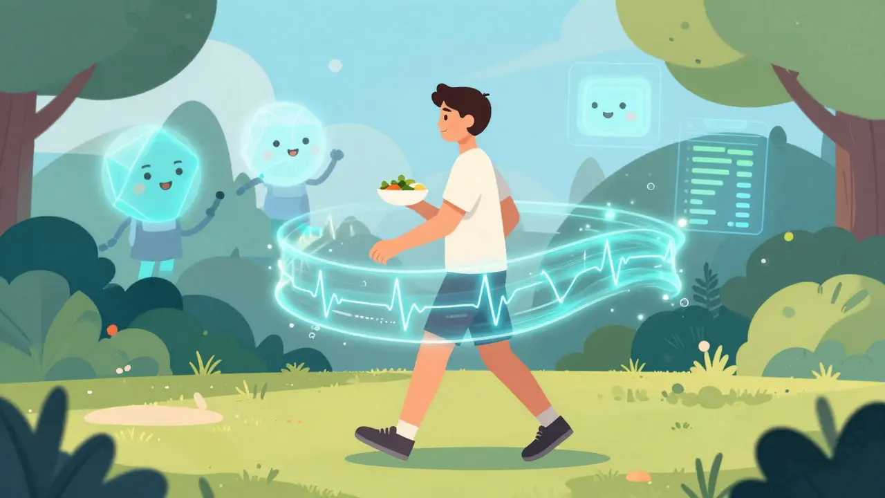 Person walking in a garden with glowing data ribbons visualizing smart health tracking.