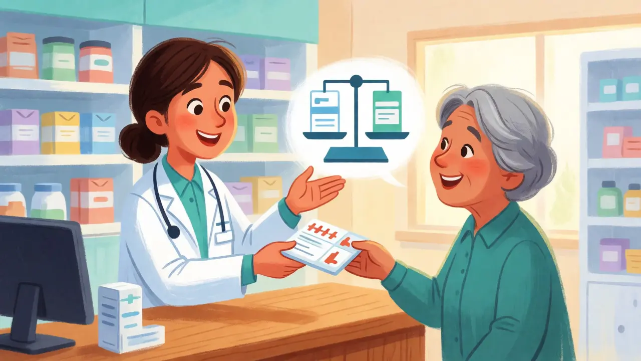 Pharmacist advising a senior customer on affordable medication options.