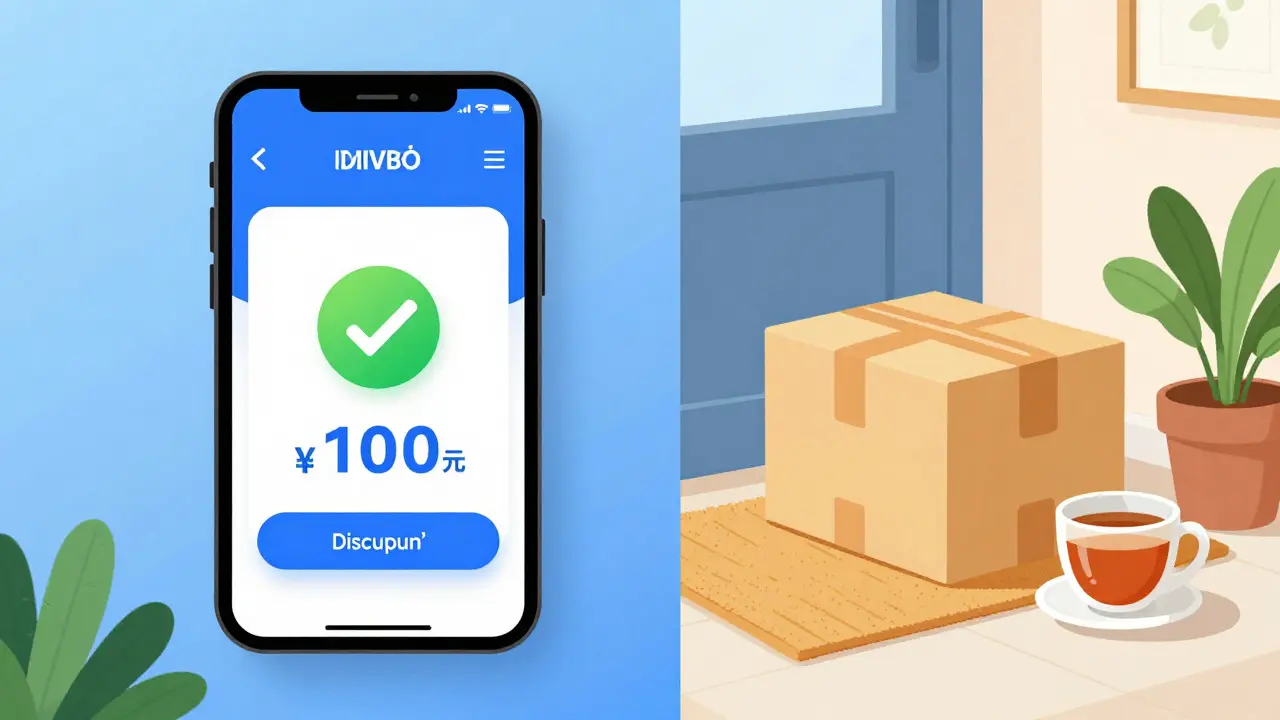 Smartphone showing coupon next to delivered medicine package