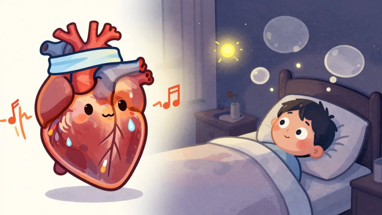 Stylized heart exercising and person struggling with insomnia