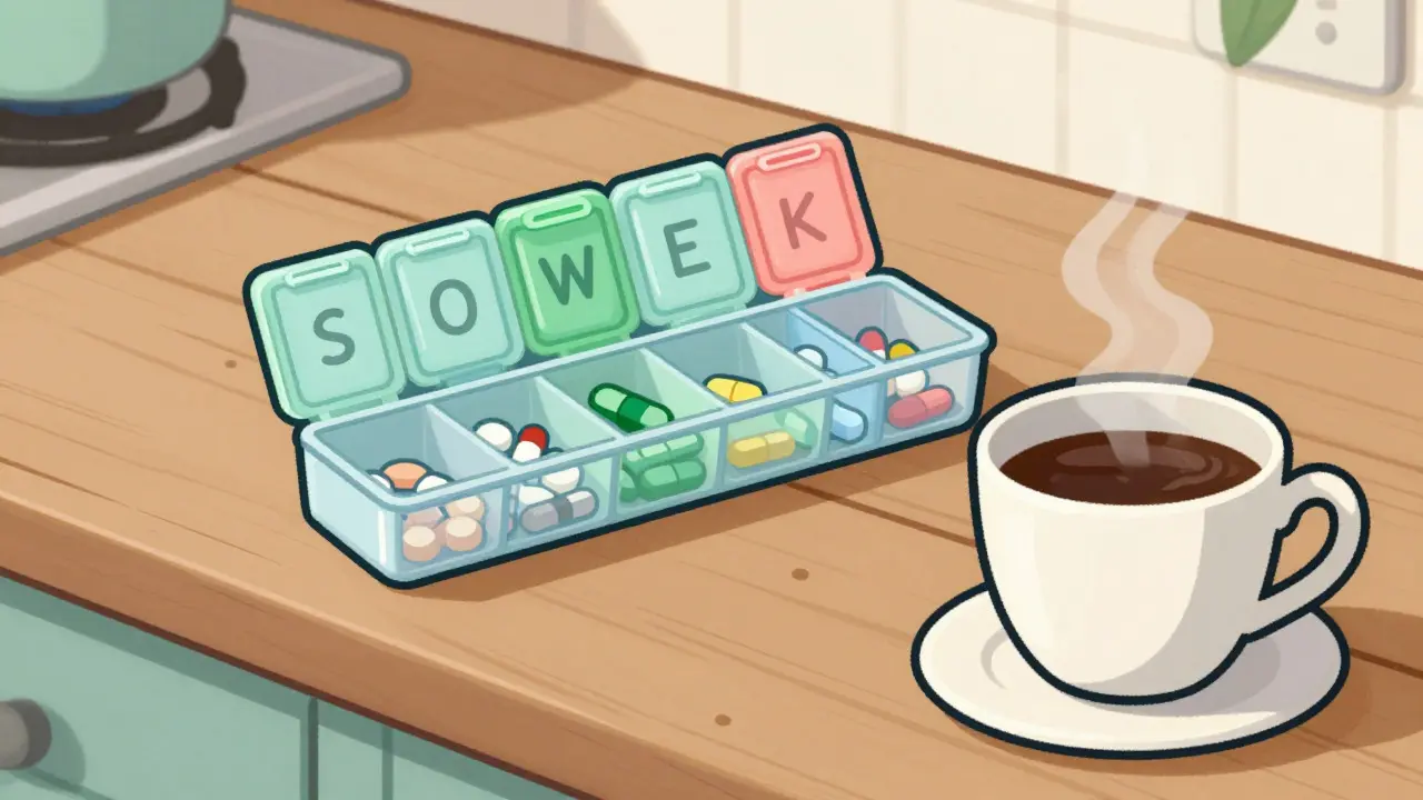 Weekly pill organizer next to a coffee cup on a kitchen counter